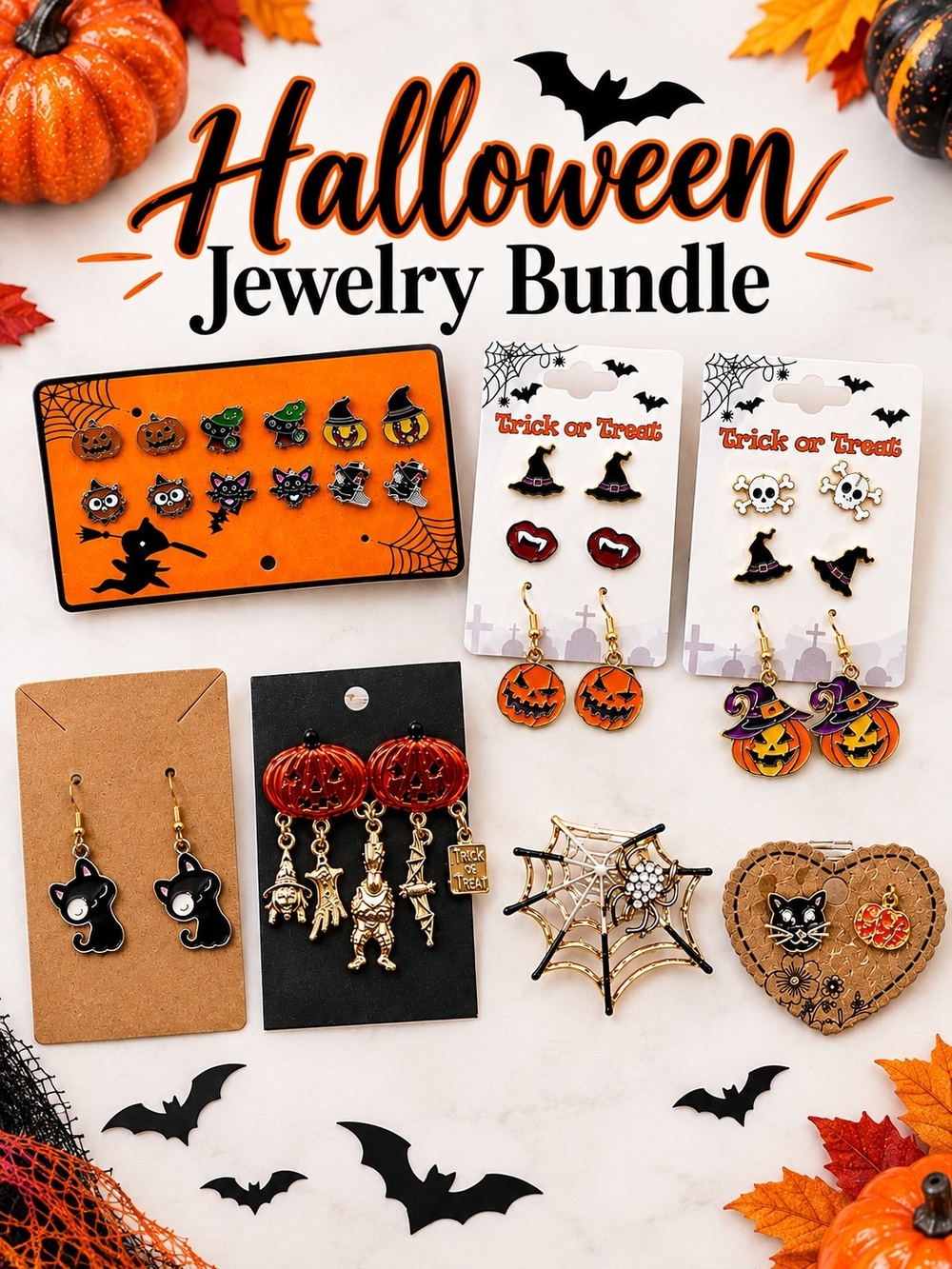 Halloween Jewelry Bundle - Orange, Black, Silver & Gold Tone Earrings and Pins